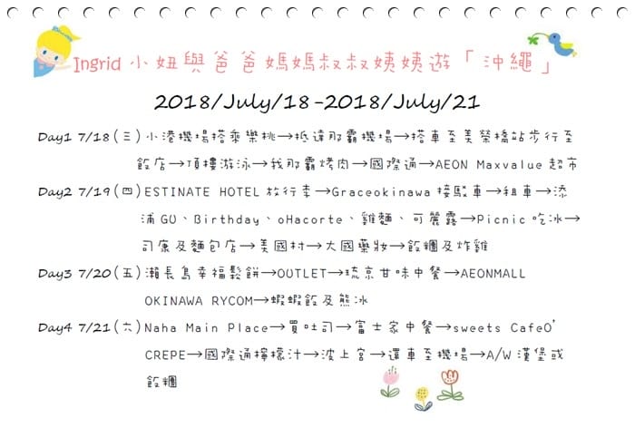 2018年沖繩親子遊 ♡ 四天三夜行程表 – 屬於自己的可愛風旅遊書!!